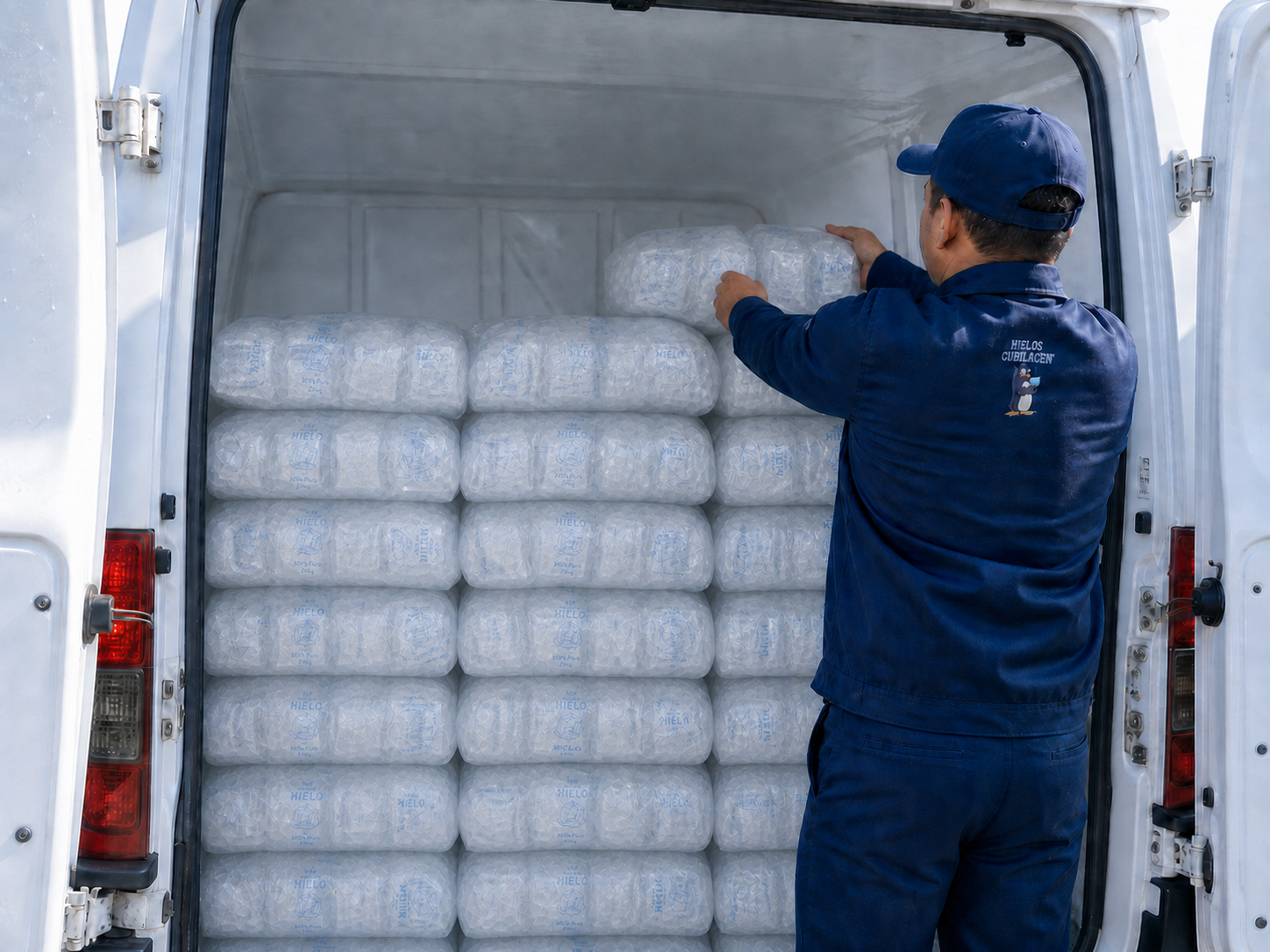 Repartidor cargando sacos de hielo en una furgoneta isotérmica